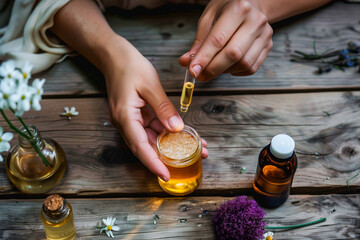 A woman is holding a bottle of essential oil and pouring it into a small container. The scene is set on a wooden table with several vases and bottles of essential oils. Scene is calm and relaxing