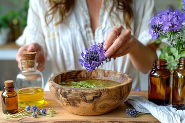 A woman is preparing a mixture of herbs and flowers in a bowl. The bowl is placed on a wooden table, and there are several bottles and vases around it. The woman is wearing a white shirt
