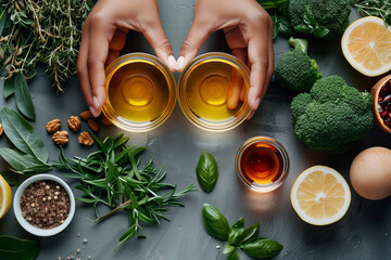 A person is holding two bowls of oil and a bowl of broccoli. Concept of health and wellness, as the person is surrounded by various fruits and vegetables