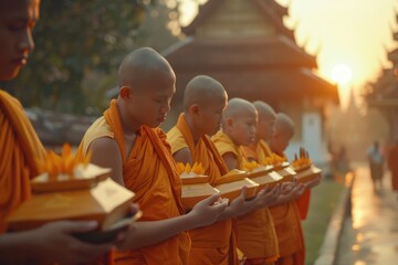 Group of young monks standing in unity. Ideal for religious concepts