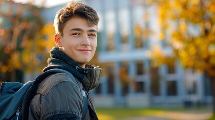 Smiling Teenage Boy with Backpack in Autumn Park. Generative ai