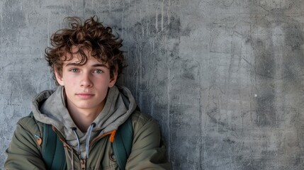 Young Man with Curly Hair Seated Against a Textured Concrete Wall. Generative ai