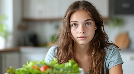 Young Girl Eating Fresh Salad in Modern Kitchen. Generative ai