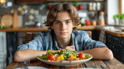 Healthy-Eating Teenager Enjoying Fresh Salad in Kitchen. Generative ai