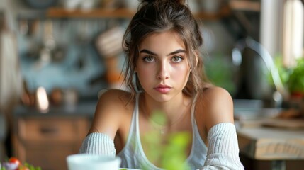 Serene Young Woman Enjoying Coffee in a Cozy Kitchen. Generative ai