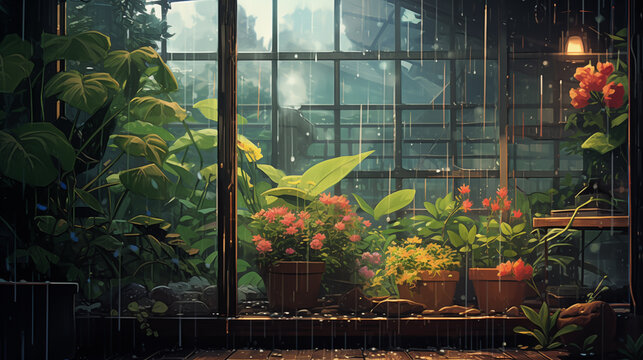 Fototapeta Rainy conservatory with vibrant plants through wet glass 2D cartoon illustration. Raindrops botanical scenery lofi wallpaper background lo-fi art. Window garden flat image cozy chill vibe