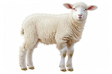 Fototapeta premium A white sheep standing against a plain white background. Suitable for various concepts and designs