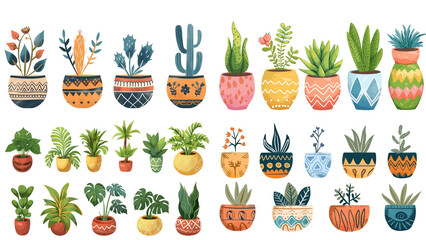 cartoon style illustration of cute boho flower pot plants, houseplant collection set isolated on white background, , Generative Ai