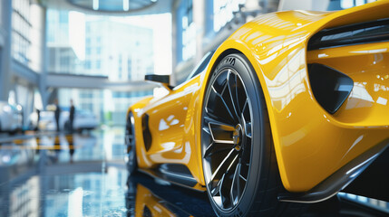 High Gloss Yellow Sports Car in Futuristic Setting