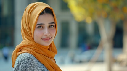 Serene Young Woman in Orange Hijab Smiling Outdoors. Generative ai