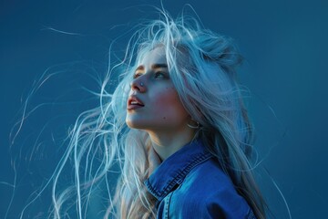 A woman with long white hair wearing a denim jacket. Suitable for fashion or lifestyle concepts