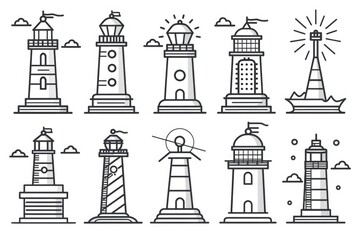 A collection of lighthouses with different shapes and sizes. Suitable for maritime and navigation themes