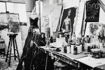 Black and white photo of a dress on a mannequin. Suitable for fashion design projects