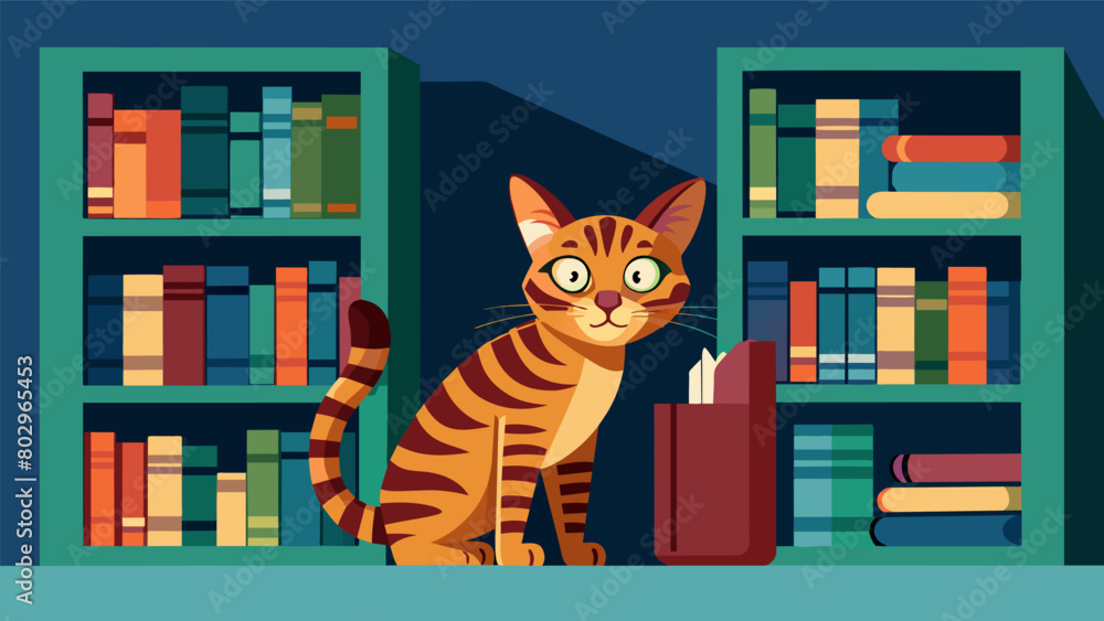 Poster an adventurous bengal cat sneaking through the stacks discovering secret nooks and crannies to call 