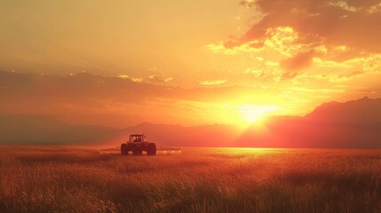 Tractor sprays crops in a field illuminated by a stunning sunset
