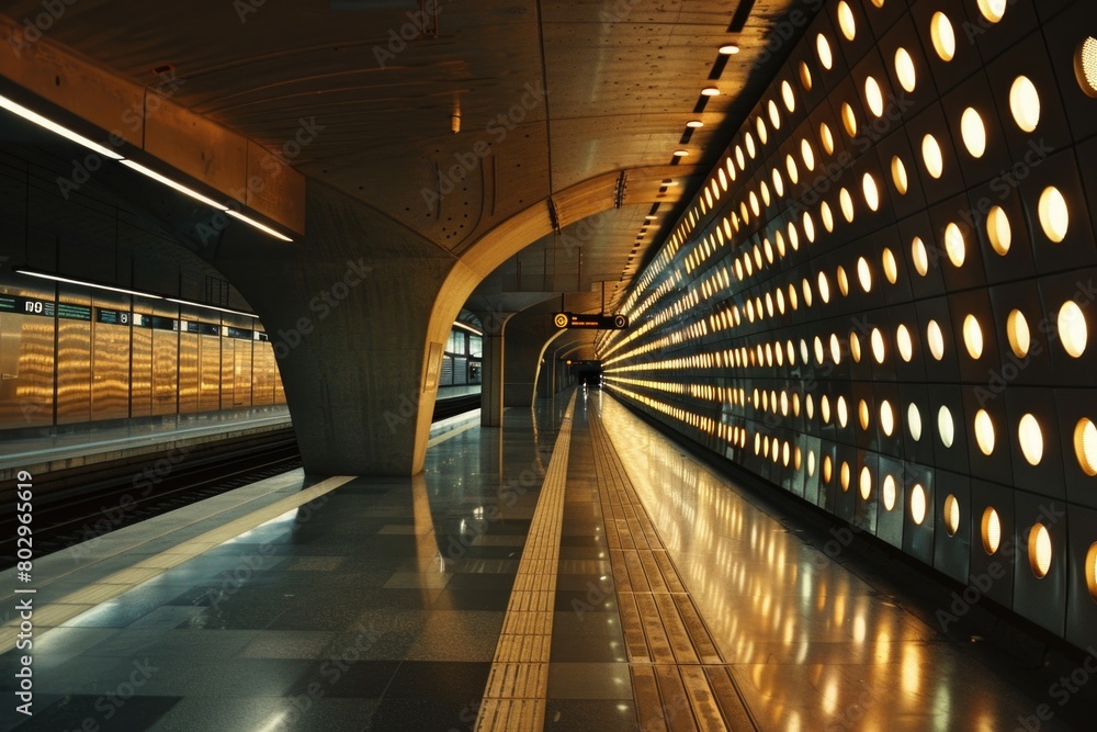 Poster A busy subway station with a train passing by. Suitable for transportation themes