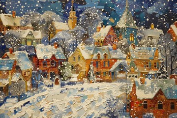A picturesque painting of a snowy town with a charming clock tower. Suitable for winter-themed designs