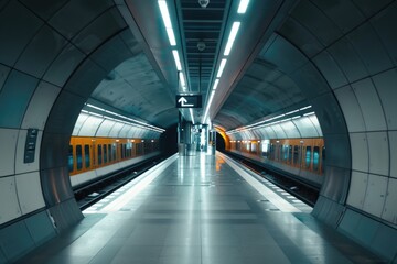 Obraz premium A subway station with a train coming into the tunnel. Suitable for transportation concepts