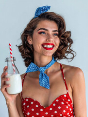 A smiling pin-up girl holding a bottle of milk in her hand