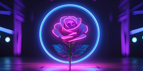 LED light sign of a colorful red rose. Bar and entertainment, cinema.