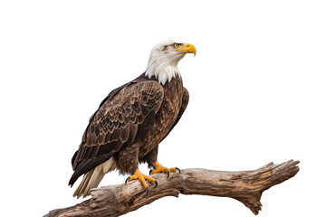 Fototapeta premium Noble bald eagle perched on a tree branch, isolated on transparent, its vigilant stance embodying freedom and power. Generative AI