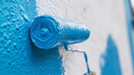Paint roller applying blue paint on a wall.