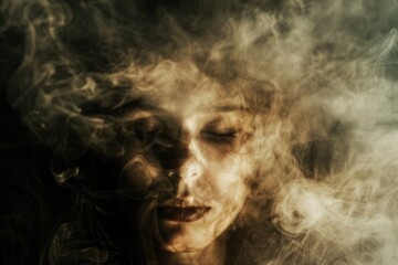 Close up of a person with smoke emitting from their face. Perfect for illustrating concepts of stress or health issues
