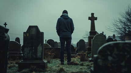 Person standing in a cemetery on a foggy day. Moody and somber atmosphere.