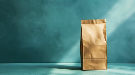 Brown paper bag standing on blue background with shadows.