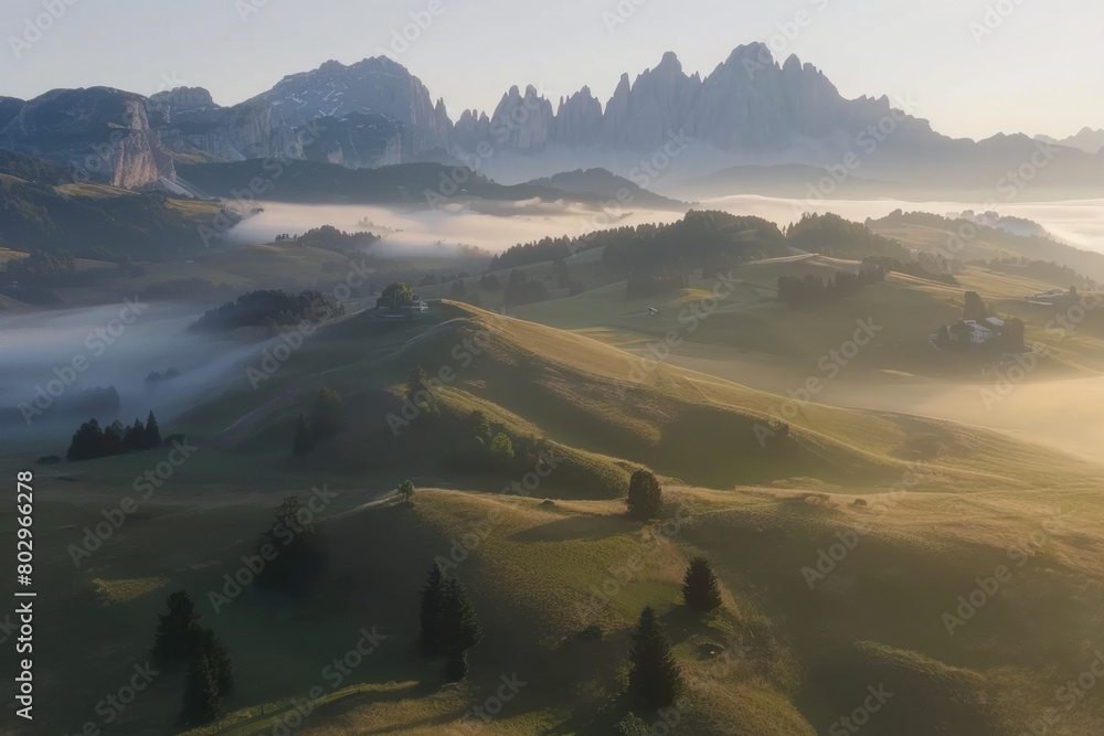 Poster scenic view of a valley with majestic mountains in the background. ideal for travel and nature conce