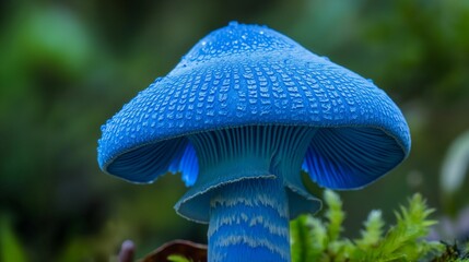 Blue mushroom with textured cap in forest.