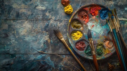 Artist's palette with oil paints and brushes on a wooden background.
