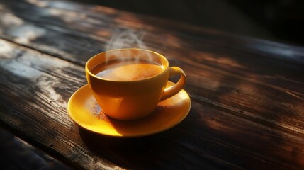 Steaming coffee cup on a saucer on a wooden table in sunlight.
