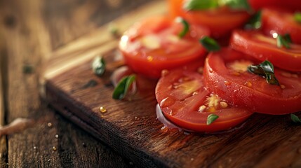 Close-up of fresh sliced tomatoes on a wooden surface.