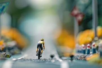 Toy man figure riding a bike on a road, perfect for children's book illustrations or playful website graphics