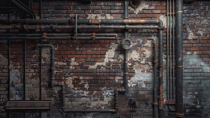 High-resolution image of an industrial style background featuring exposed brick walls and metal pipes, perfect for creating a rugged, urban aesthetic