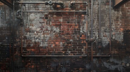 High-resolution image of an industrial style background featuring exposed brick walls and metal pipes, perfect for creating a rugged, urban aesthetic