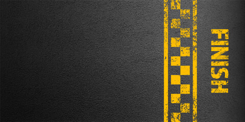 Asphalt road with yellow finish line marking, concrete highway surface, texture. Street traffic lane, road dividing strip. Pattern with grainy structure, grunge stone background. Vector illustration