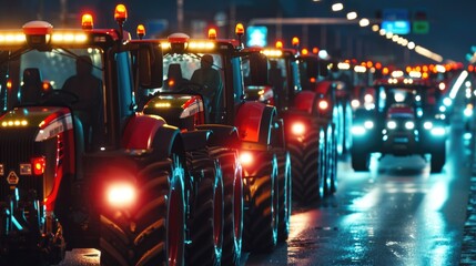 A line of tractors driving down a street at night. Suitable for agricultural and transportation concepts