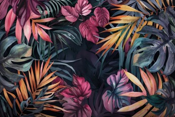 Vibrant tropical leaves and flowers on a black background. Ideal for tropical themed designs