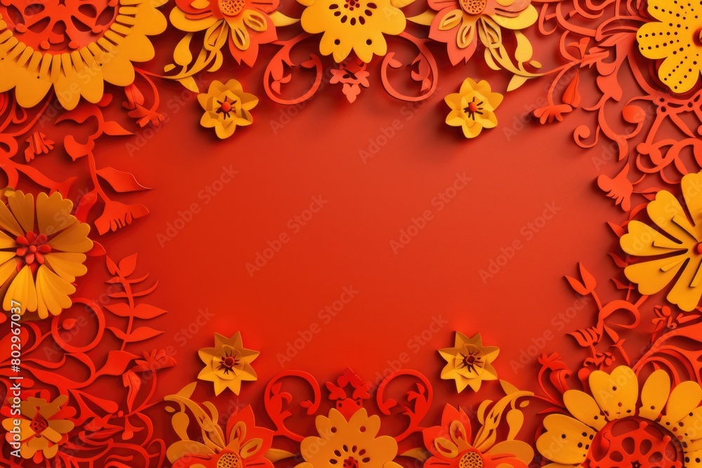 Poster Vibrant red background with intricate paper cut flowers and delicate butterflies. Perfect for a variety of design projects