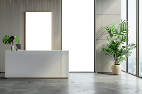 Vertical mockup design, White empty frame of company branding with office reception desk