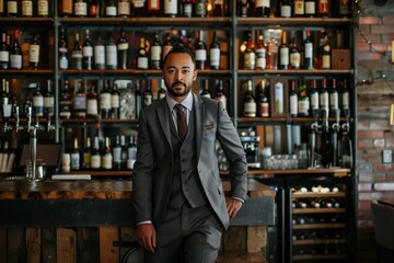 Fototapeta premium Wine Bar Owner: Sipping Success in Style - A portrait of a small business owner in a chic, wine-themed outfit, standing in their cozy wine bar.