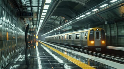A subway train traveling through a train station. Suitable for transportation and urban themes