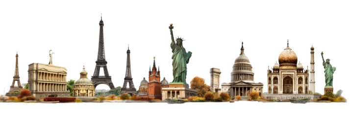 Historical monuments of different countries isolated on transparent background, travel and tourism concept