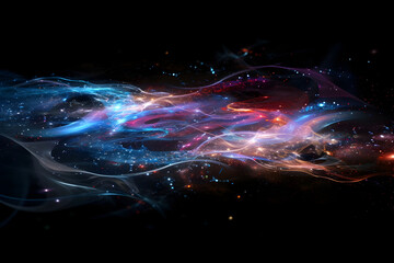 Electric neon galaxy with shimmering stars and cosmic waves. Breathtaking artwork on black background.