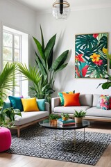 Modern living room filled with colors, stylish furniture, and tropical plants.