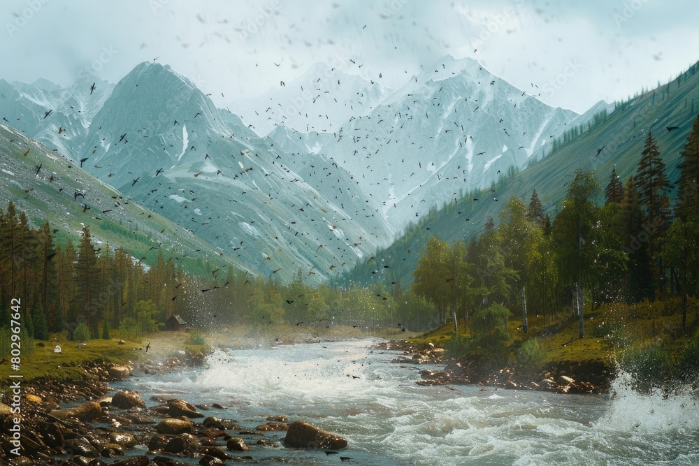 Poster serene river flowing through a lush forest with abundant birdlife. ideal for nature and wildlife the