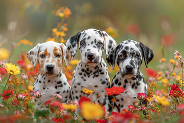 A trio of adorable dalmatian puppies posing for a portrait in a field of wildflowers.