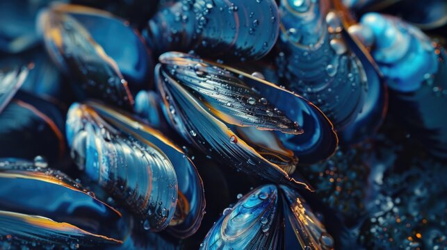 A close up of a bunch of fresh mussels. Ideal for seafood menus